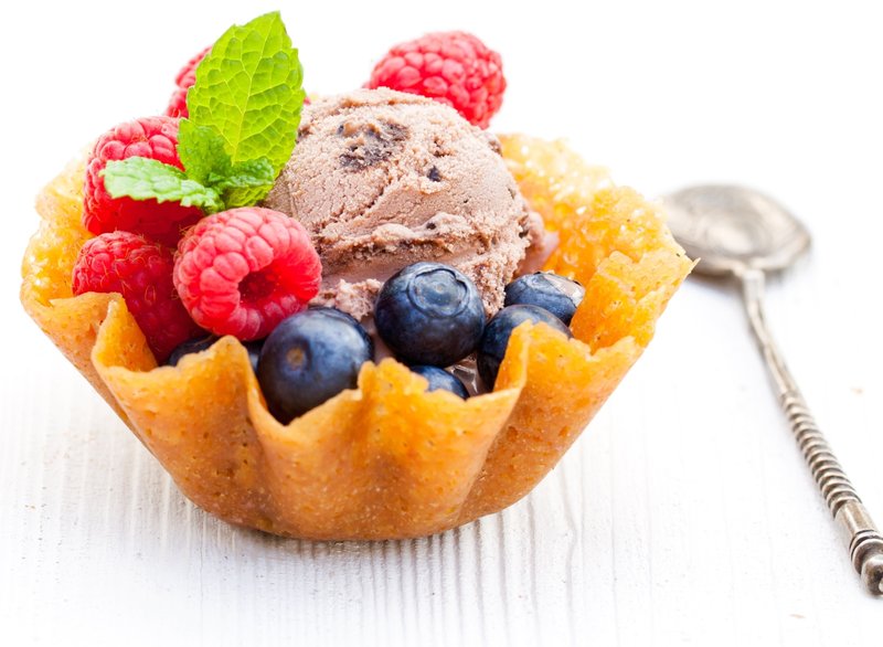 Brandy Snap Baskets with Rhubarb and Raspberries