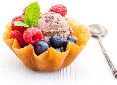Brandy Snap Baskets with Rhubarb and Raspberries