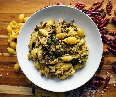 Pasta Shells with Sprouting Broccoli, Chilli, and Pine Nuts
