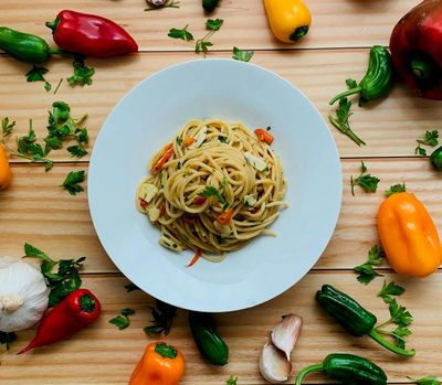 Spaghetti with Yellow Peppers, Chilli, and Herbs