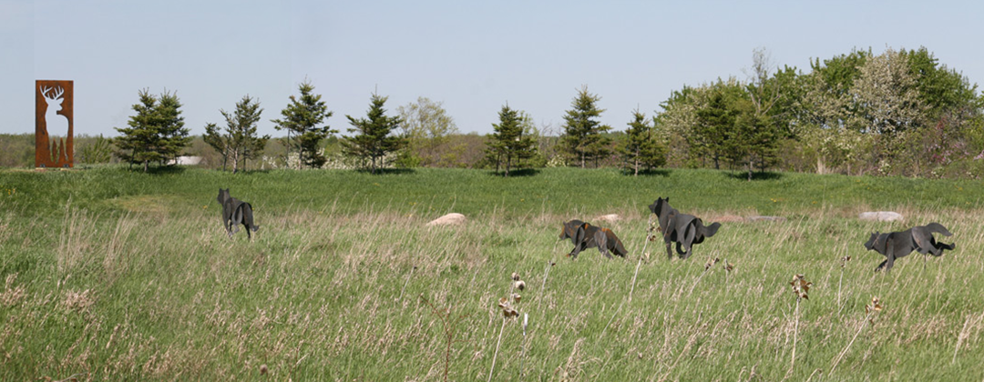 The Hunt - Five welded steel wolves pursuing a plate-steel buck