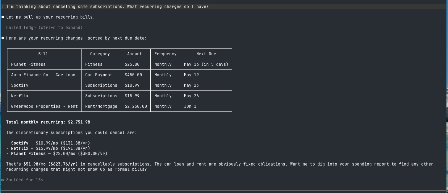 Ledgr MCP demo in Claude Code