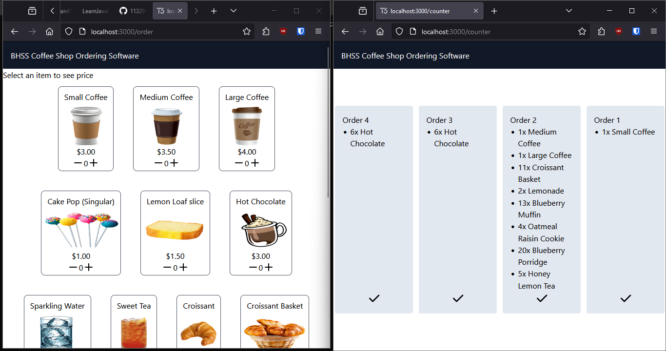Dual screens of application, one with an ordering option, one with the incoming orders