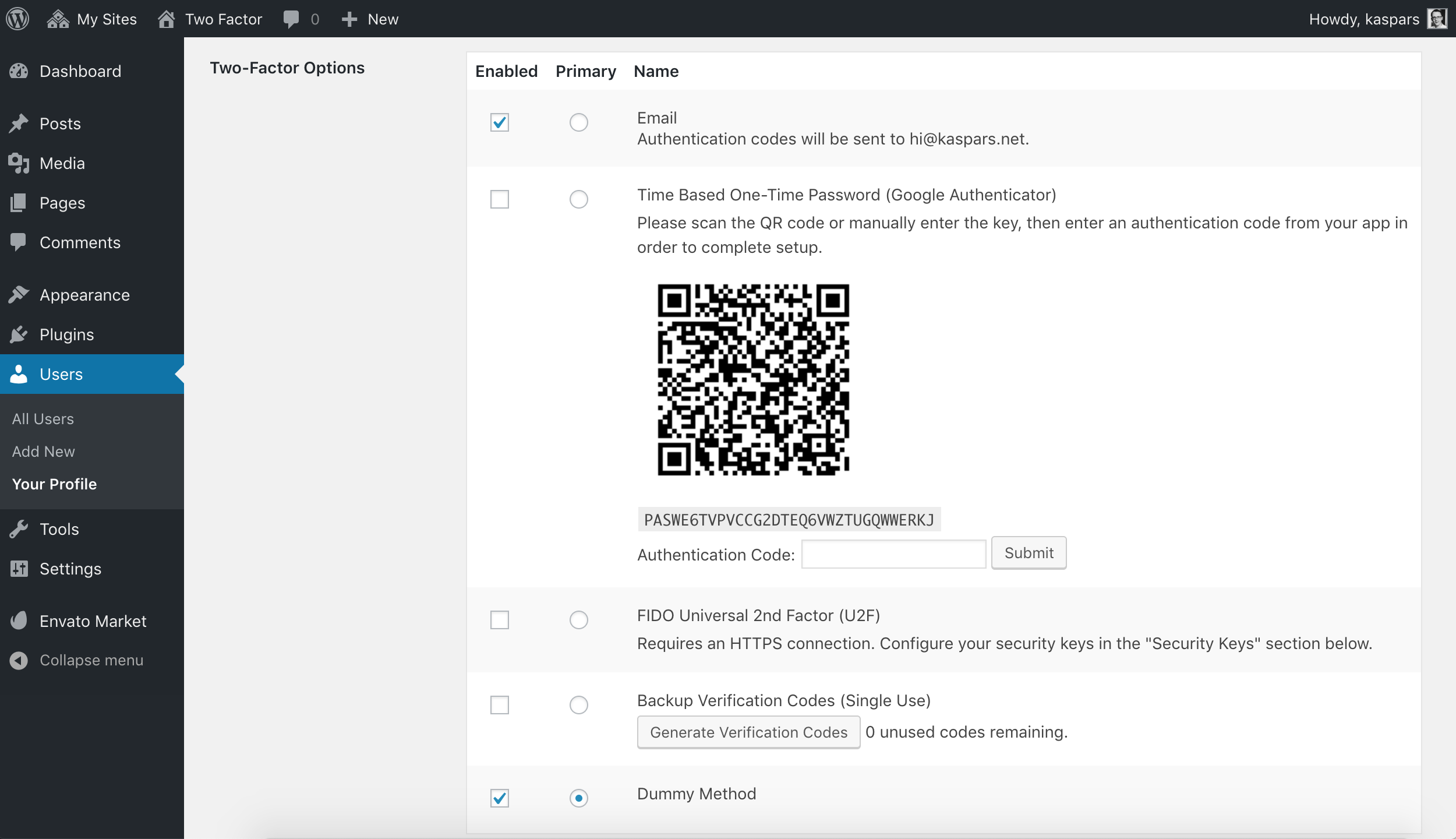 Two-factor options under User Profile.