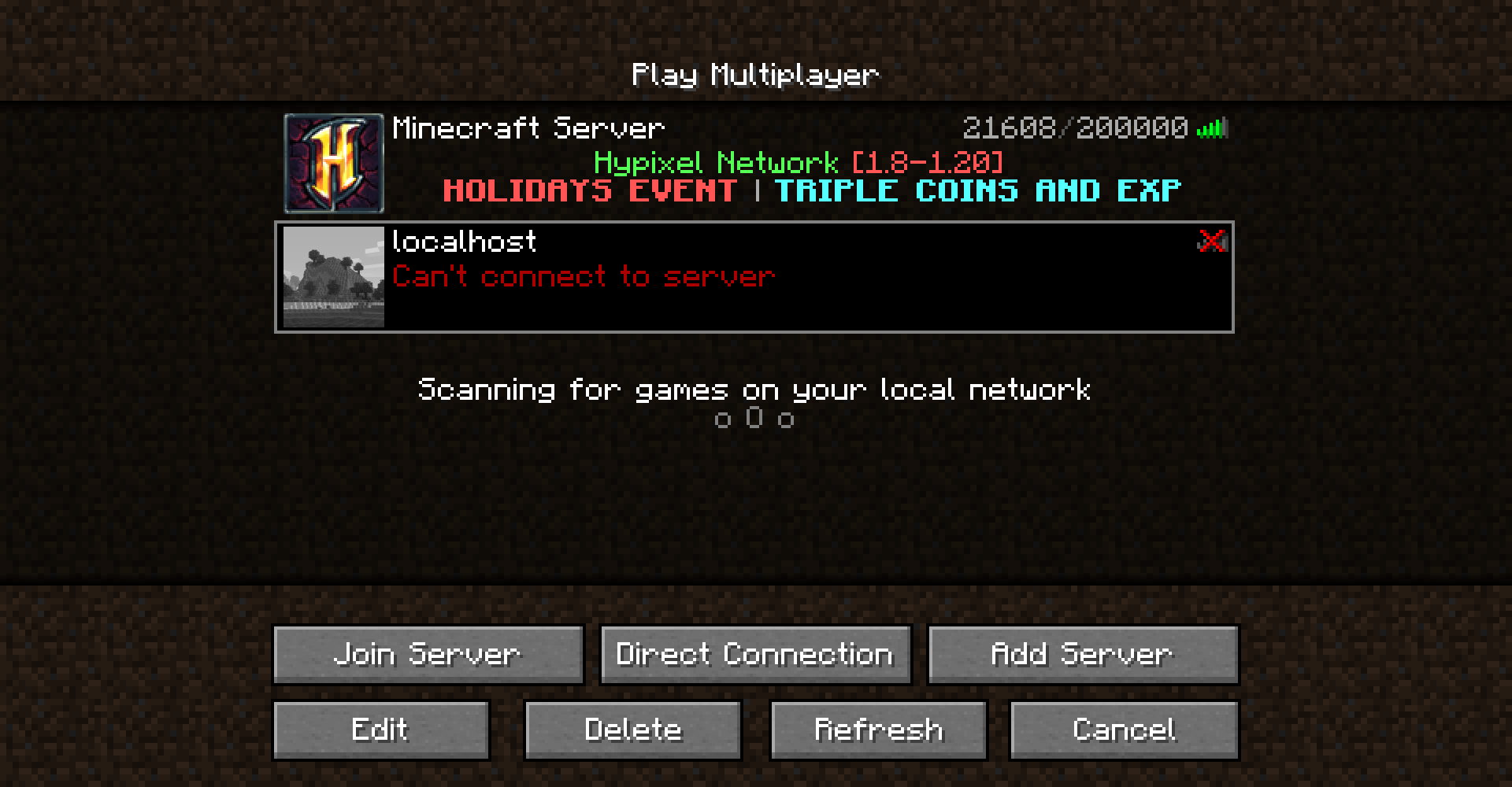 Minecraft Multiplayer screen with a server/row selected