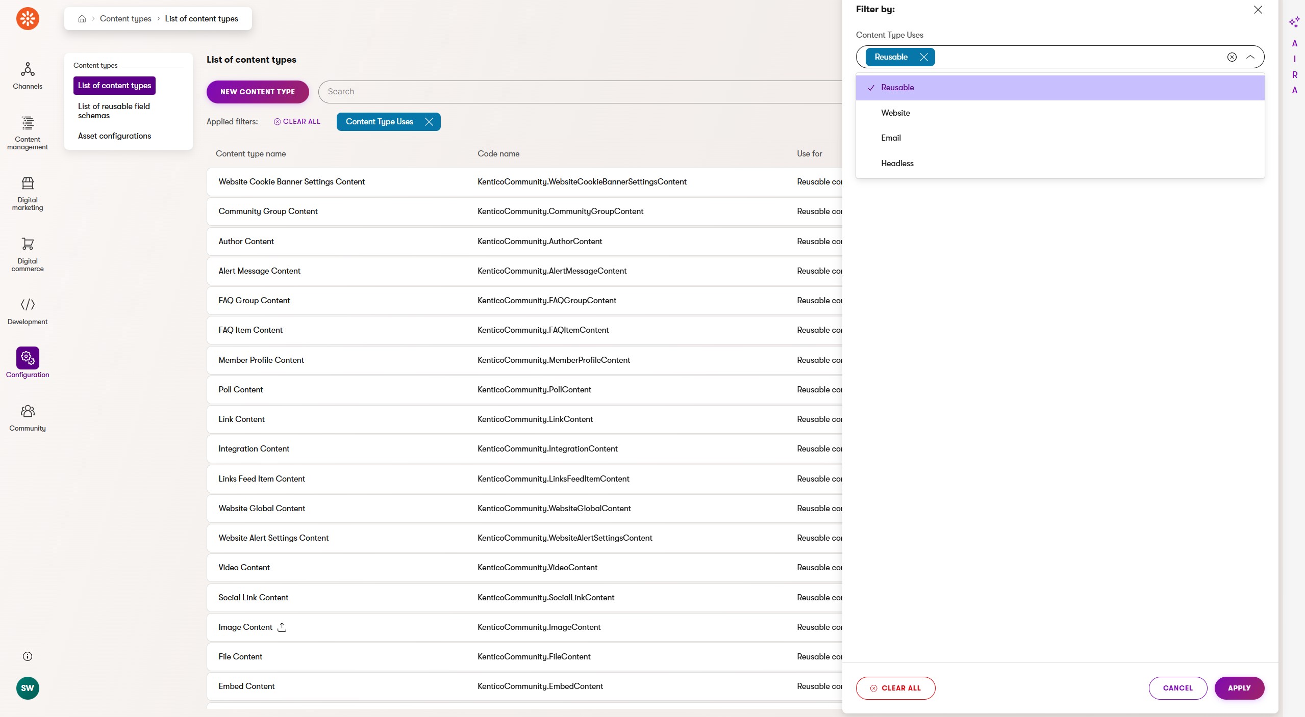 Portal Admin content types filtering extender