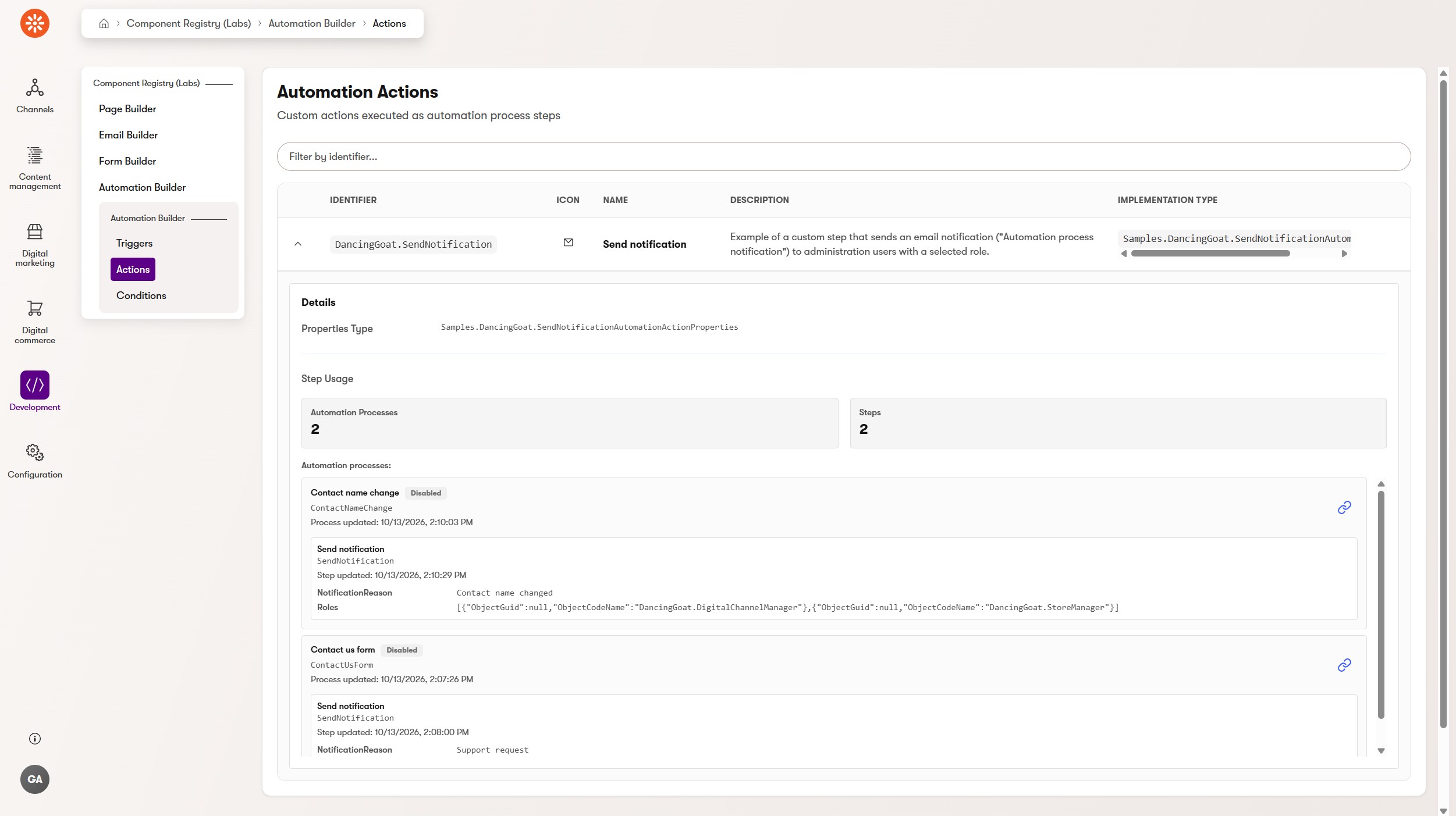 Component registry for Automation Builder in Xperience administration