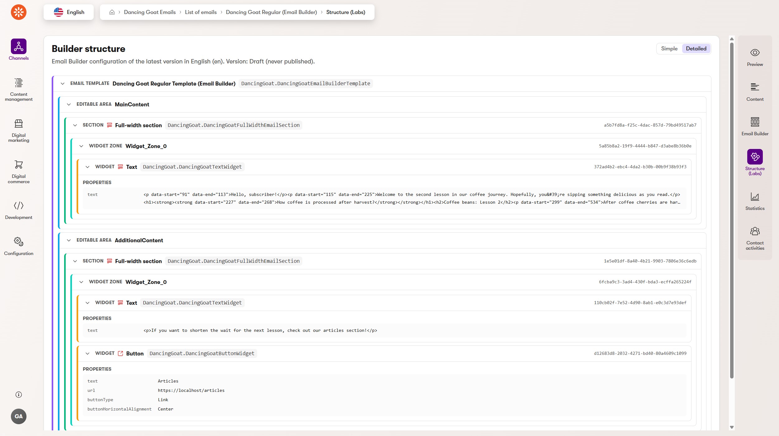 Structure tab of an email in Xperience administration
