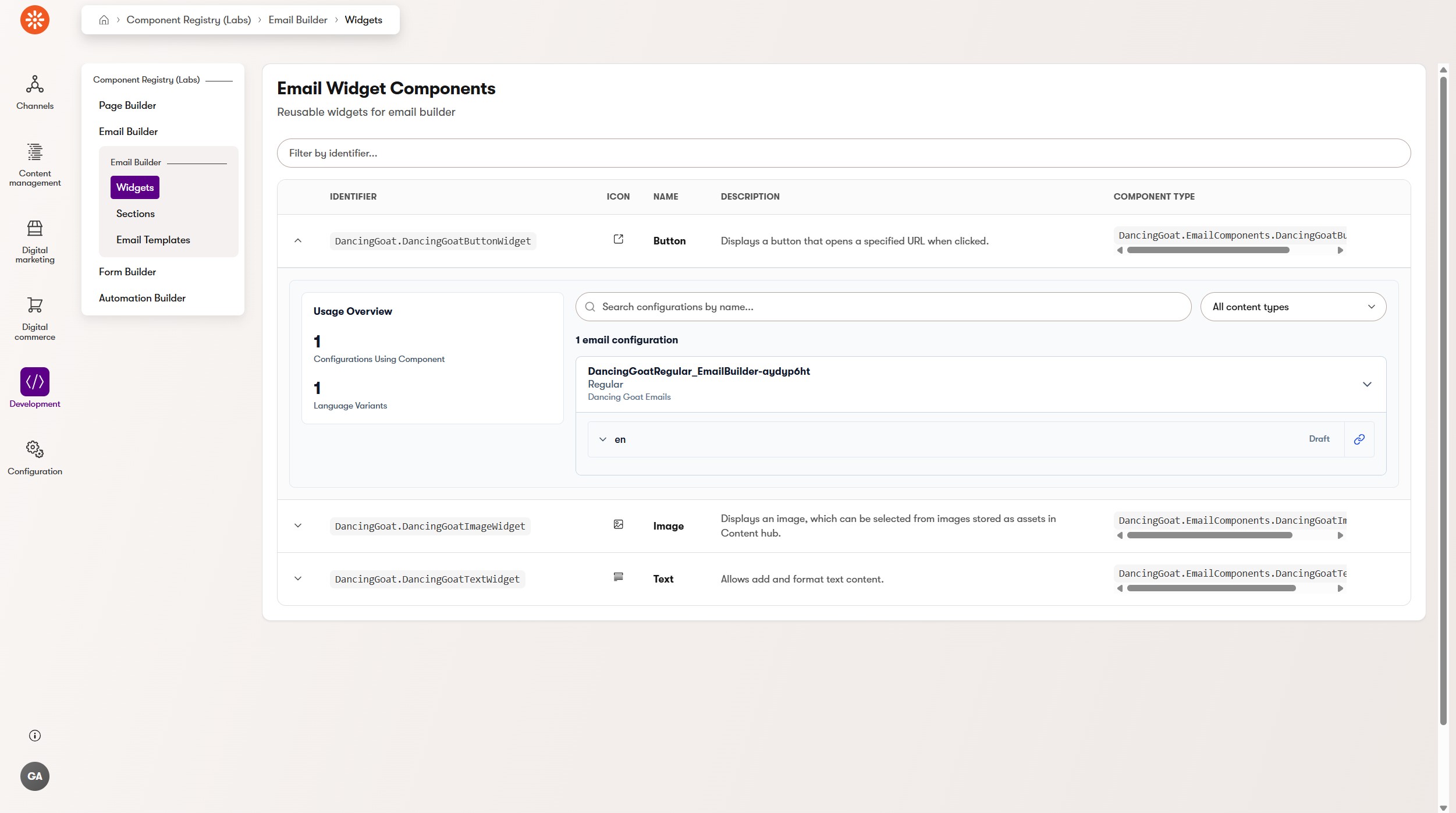 Component registry for Email Builder in Xperience administration