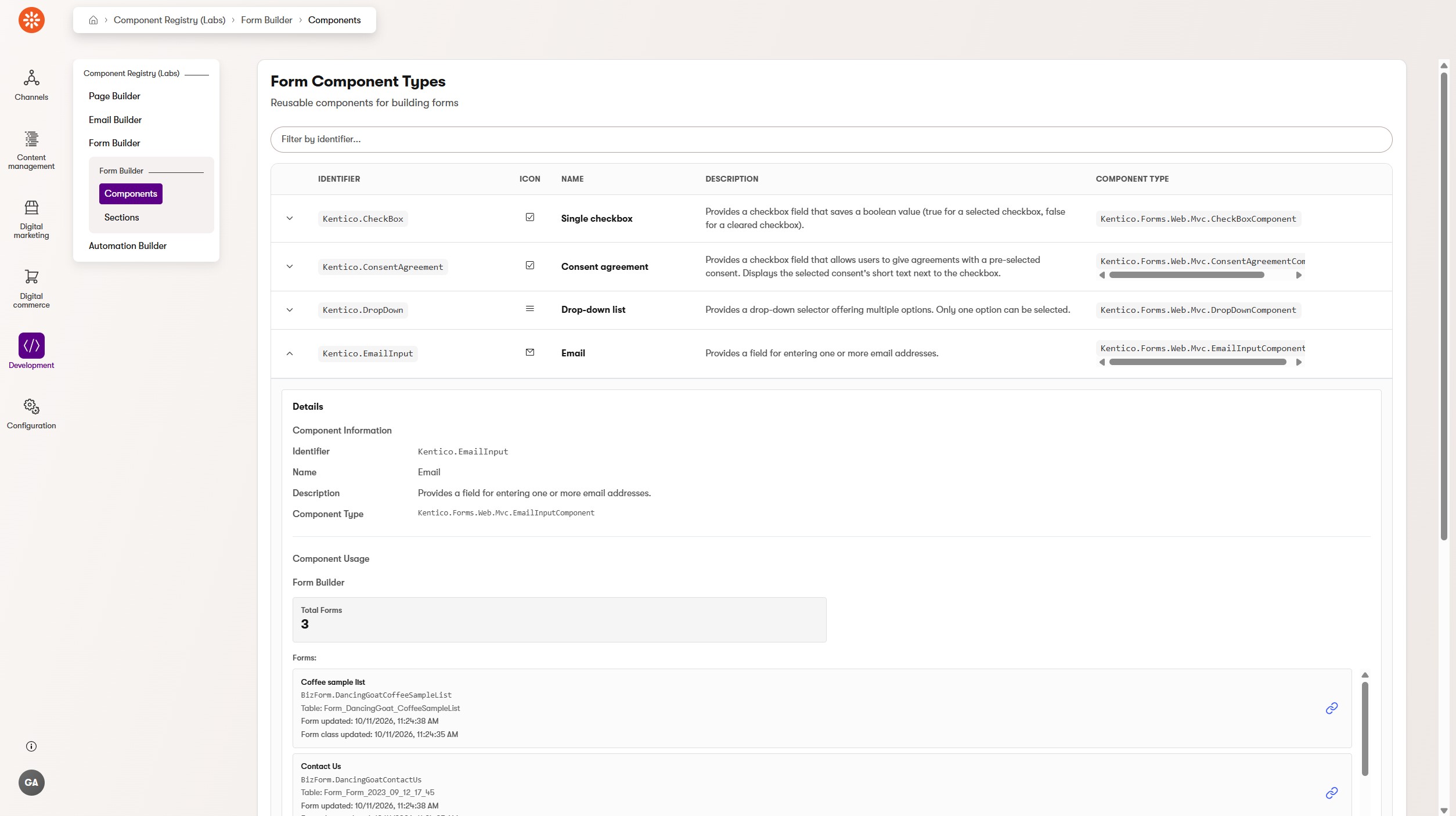 Component registry for Form Builder in Xperience administration