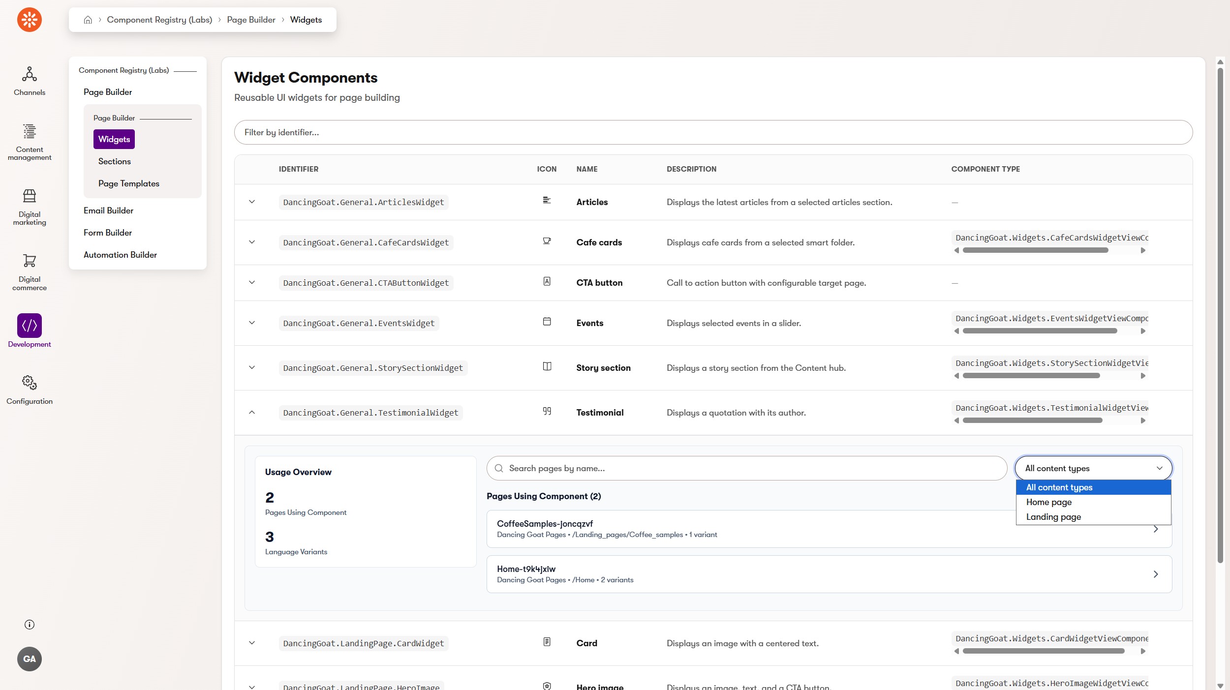 Component registry for Page Builder in Xperience administration