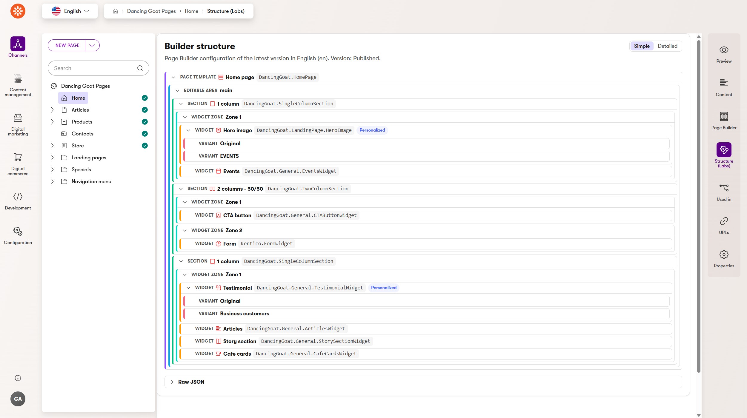 Structure tab of a web page in Xperience administration
