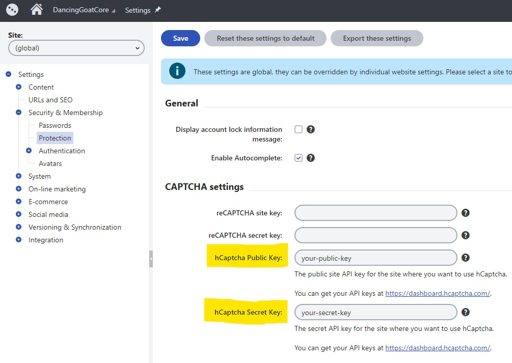 CMS Settings application hCaptcha fields