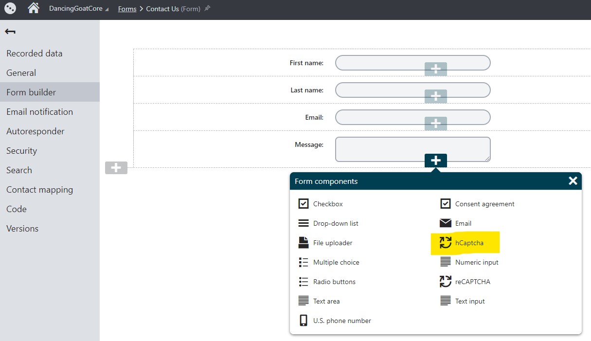 Form Builder component dialog