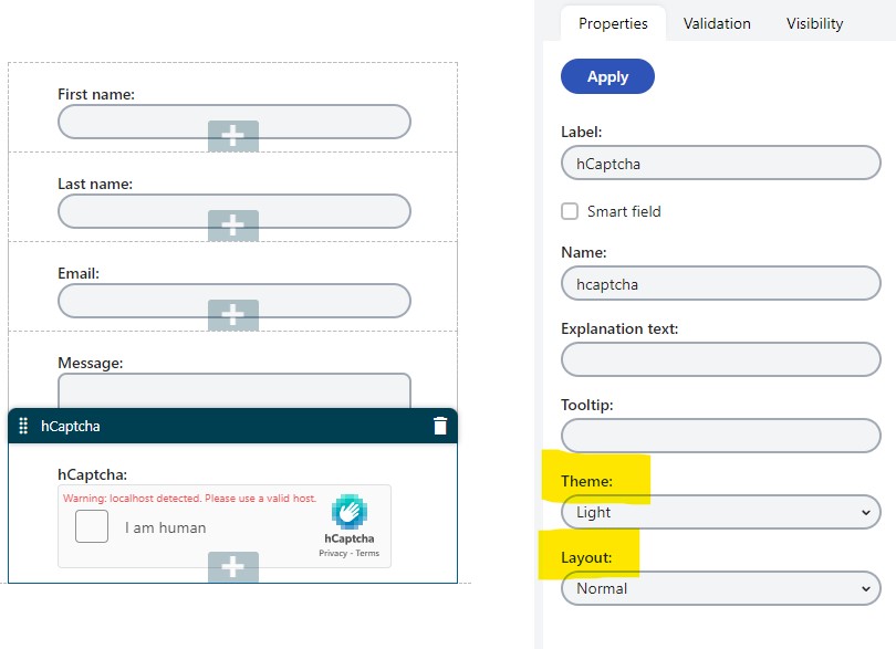 hCaptcha Form Component properties