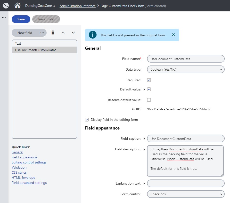 UseDocumentCustomData Field