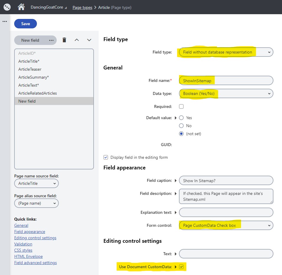 New Page Type field