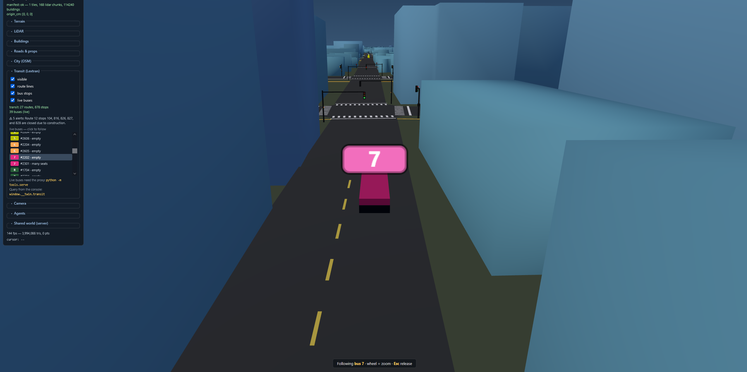 Following a live Lextran bus at street level