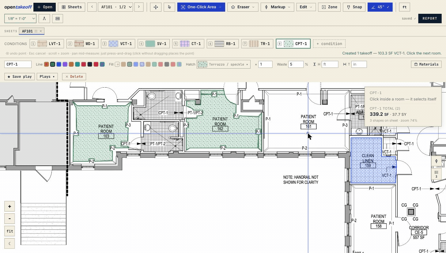 One-Click Area on a real finish plan: one click inside a patient room and the whole room traces itself wall to wall — 240.7 SF, committed on Enter