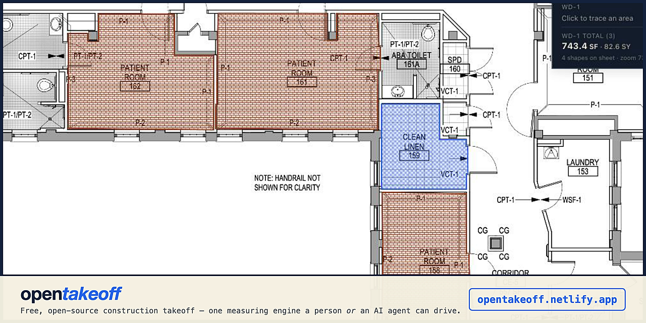 OpenTakeoff — a real takeoff on a floor finish plan, driven the same way by a person or by an AI agent over MCP, with the scale and origin of every measurement