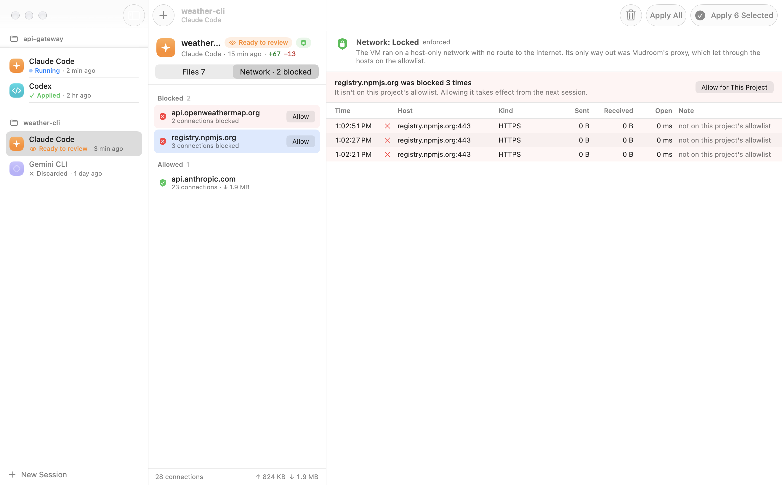 Network tab: two hosts blocked