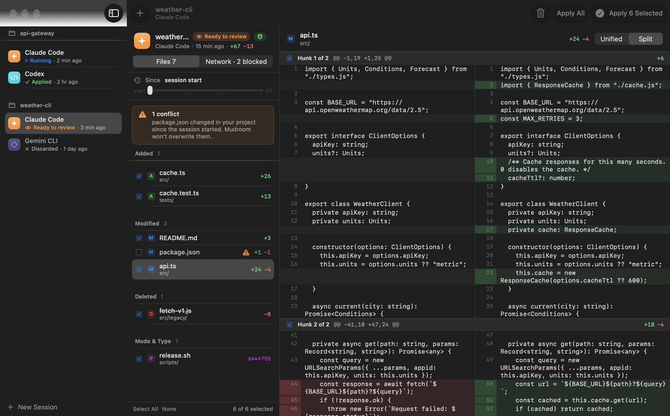 Dark mode, split diff