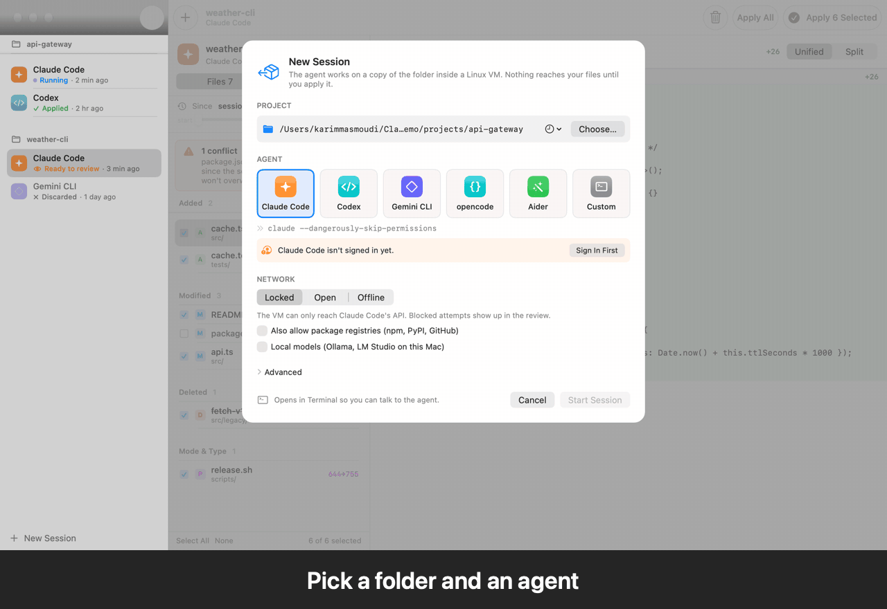 Mudroom: start a session, review the diff, check the network log, apply