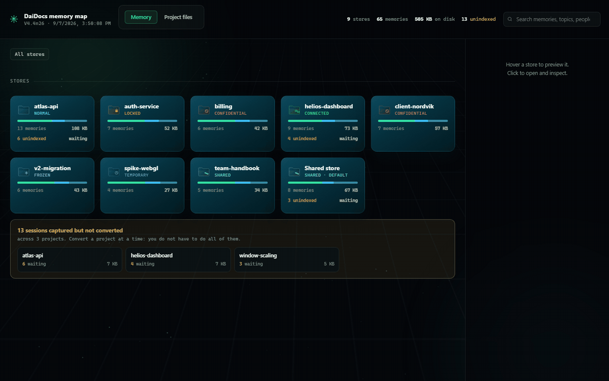 A click-through of the memory map: every store and what it costs on disk, the conversion backlog grouped by project, a store's memories and the lines between related ones, a memory as its own page, the file in its three zones plus the verbatim original, live search, the folder page with backup and folder type, and the project file tree