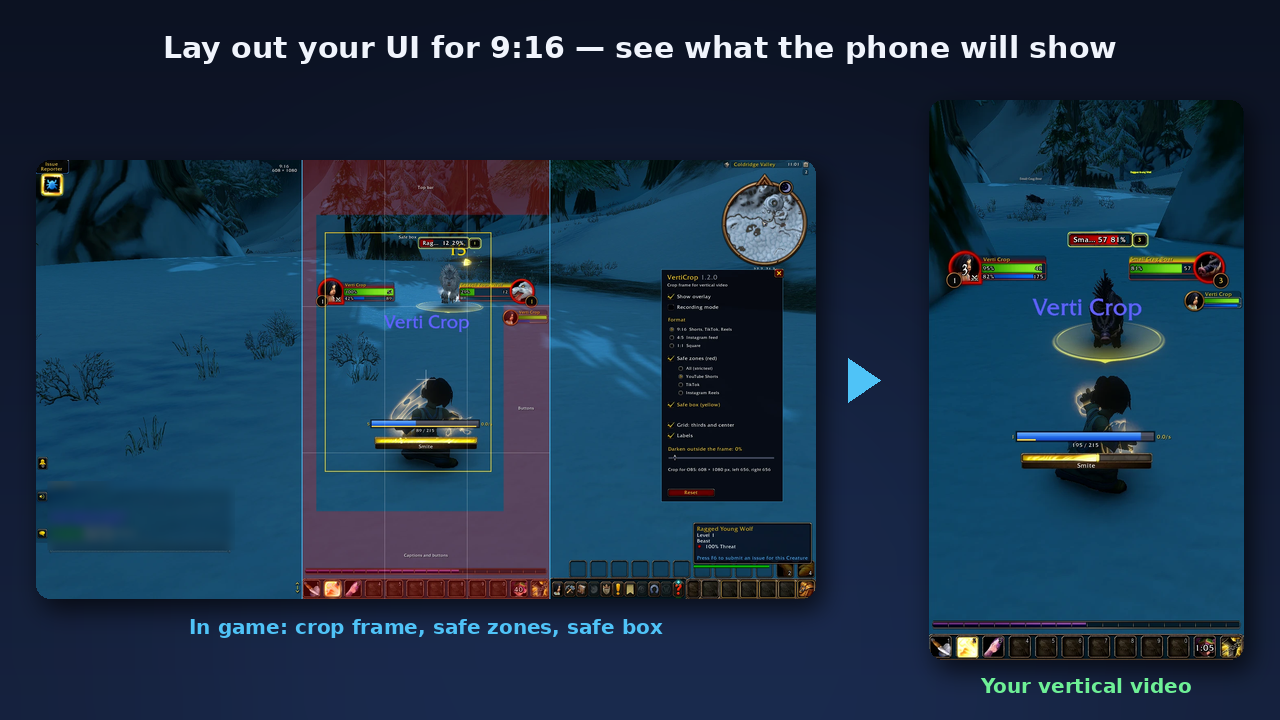 In game: crop frame, safe zones and safe box. On the phone: the cropped video