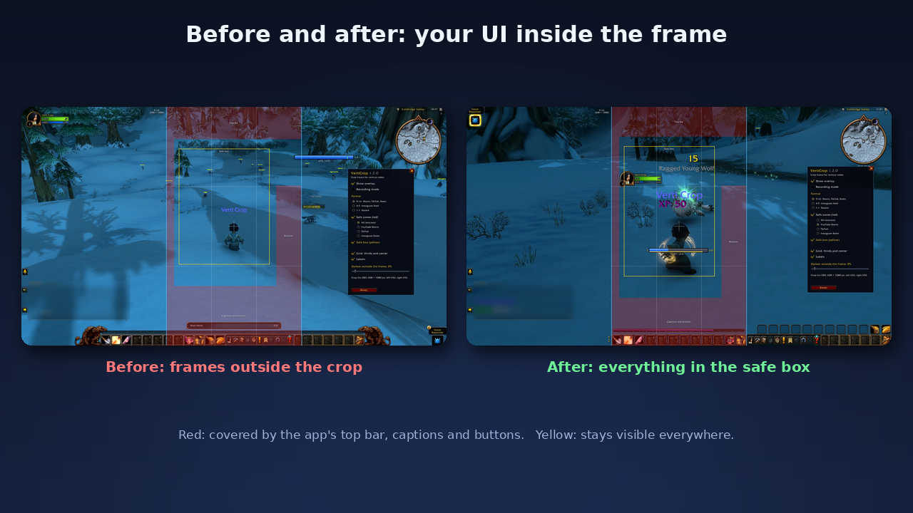 Before: frames outside the crop. After: everything inside the safe box