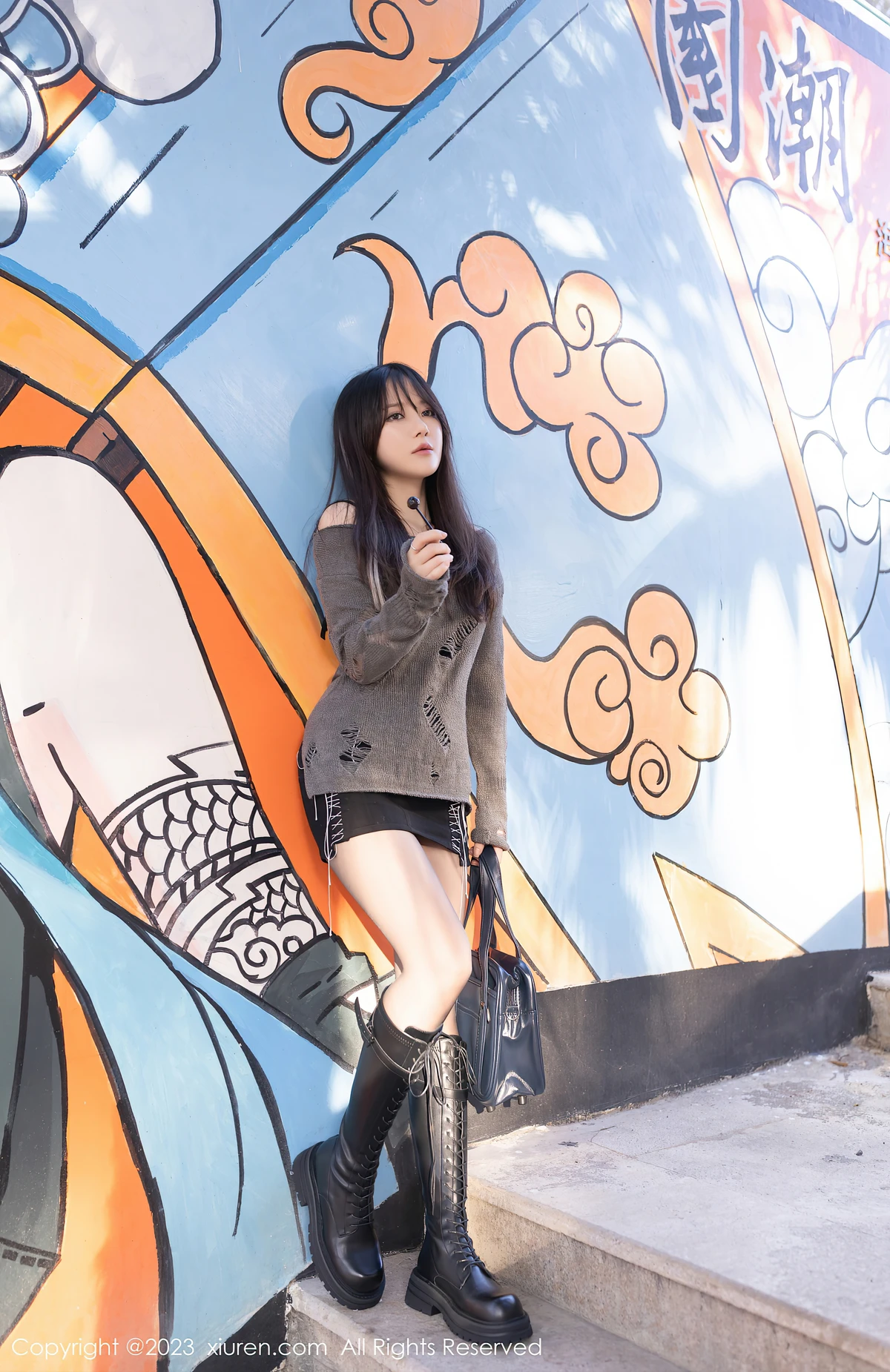 XiuRen No.6436鱼子酱Fish 考试危机主题写真:灰衣黑裙的致命诱惑,快让她定格此刻美 - 1