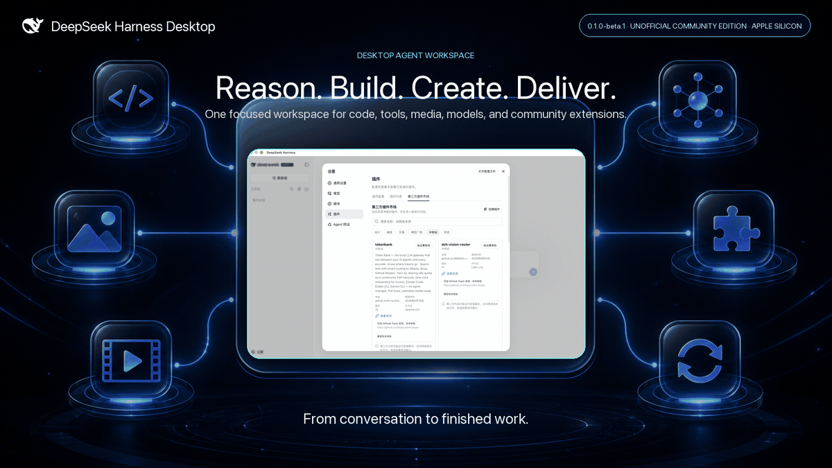 DeepSeek Harness Desktop product tour: workspace, multimodal tools, plugin discovery, and community