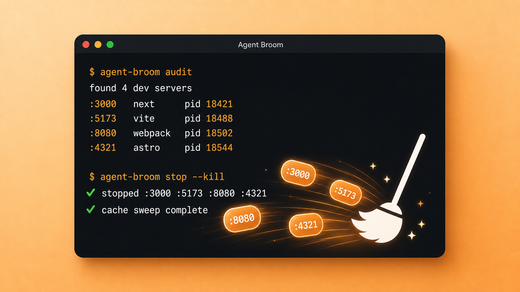 Agent Broom cleaning up localhost dev servers in a terminal