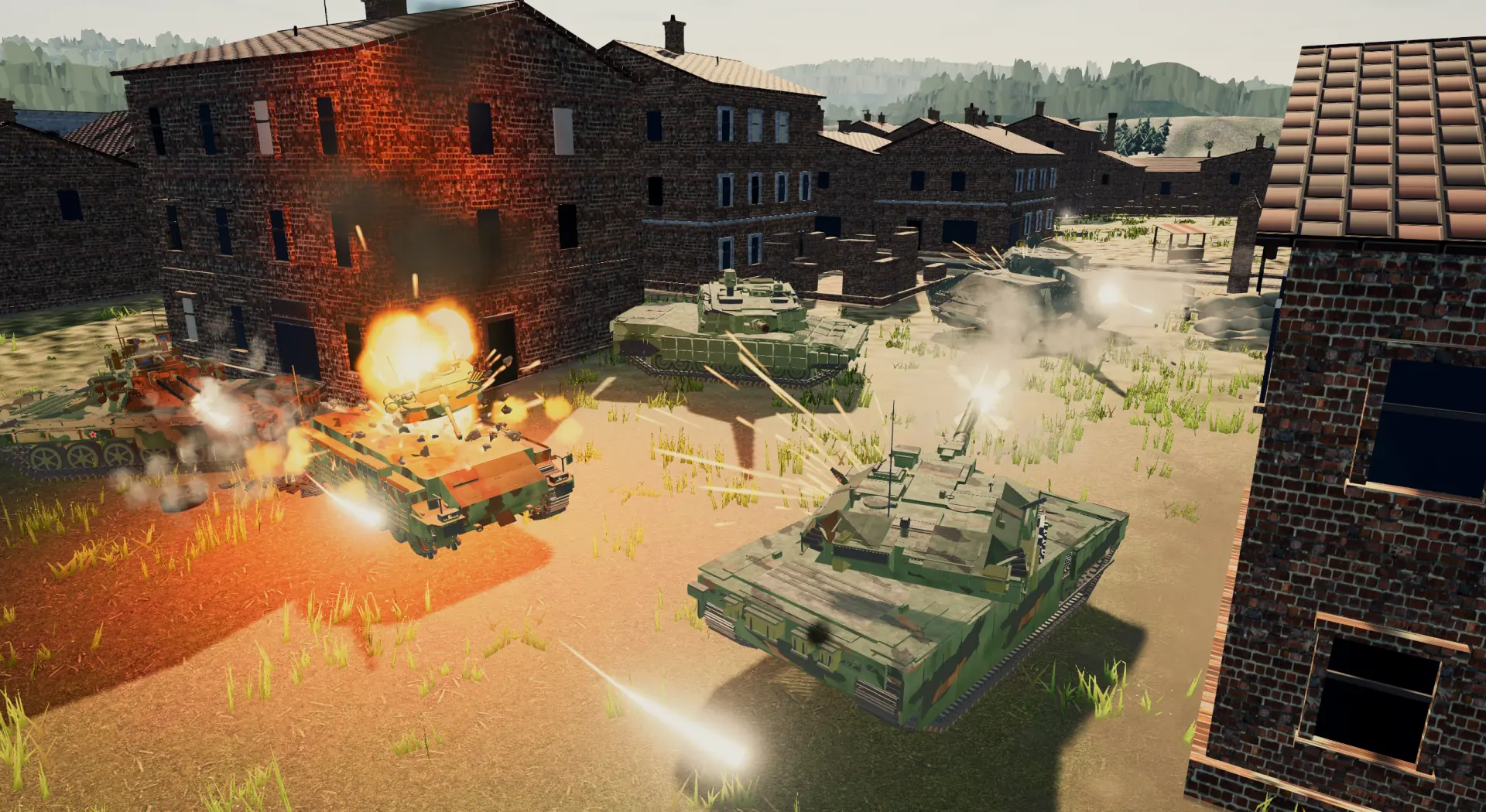 Armored vehicles exchanging fire in an urban battle