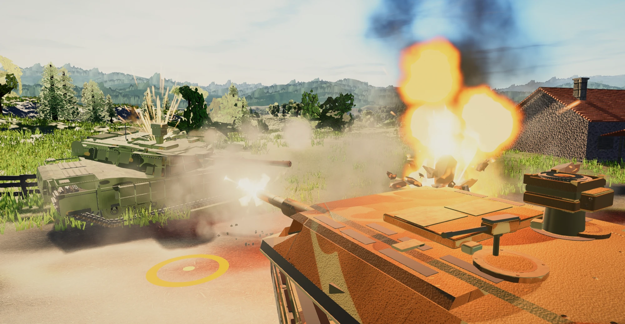 M1 Abrams firing during a close-range tank battle