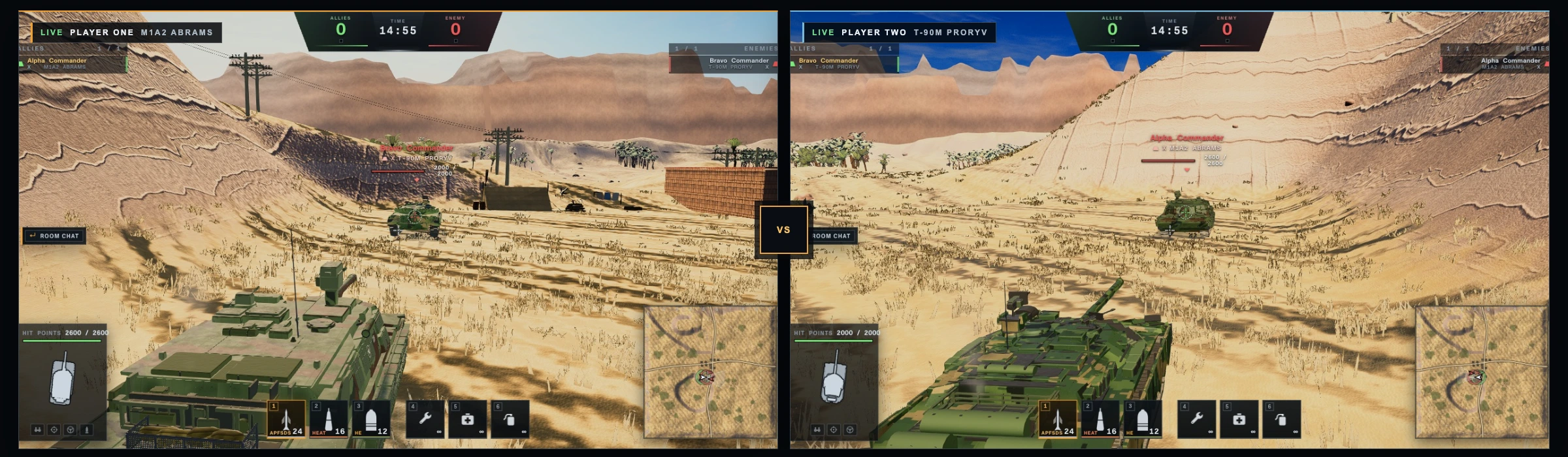 Side-by-side live browser multiplayer screens showing an M1A2 Abrams and T-90M Proryv facing each other from opposing player perspectives