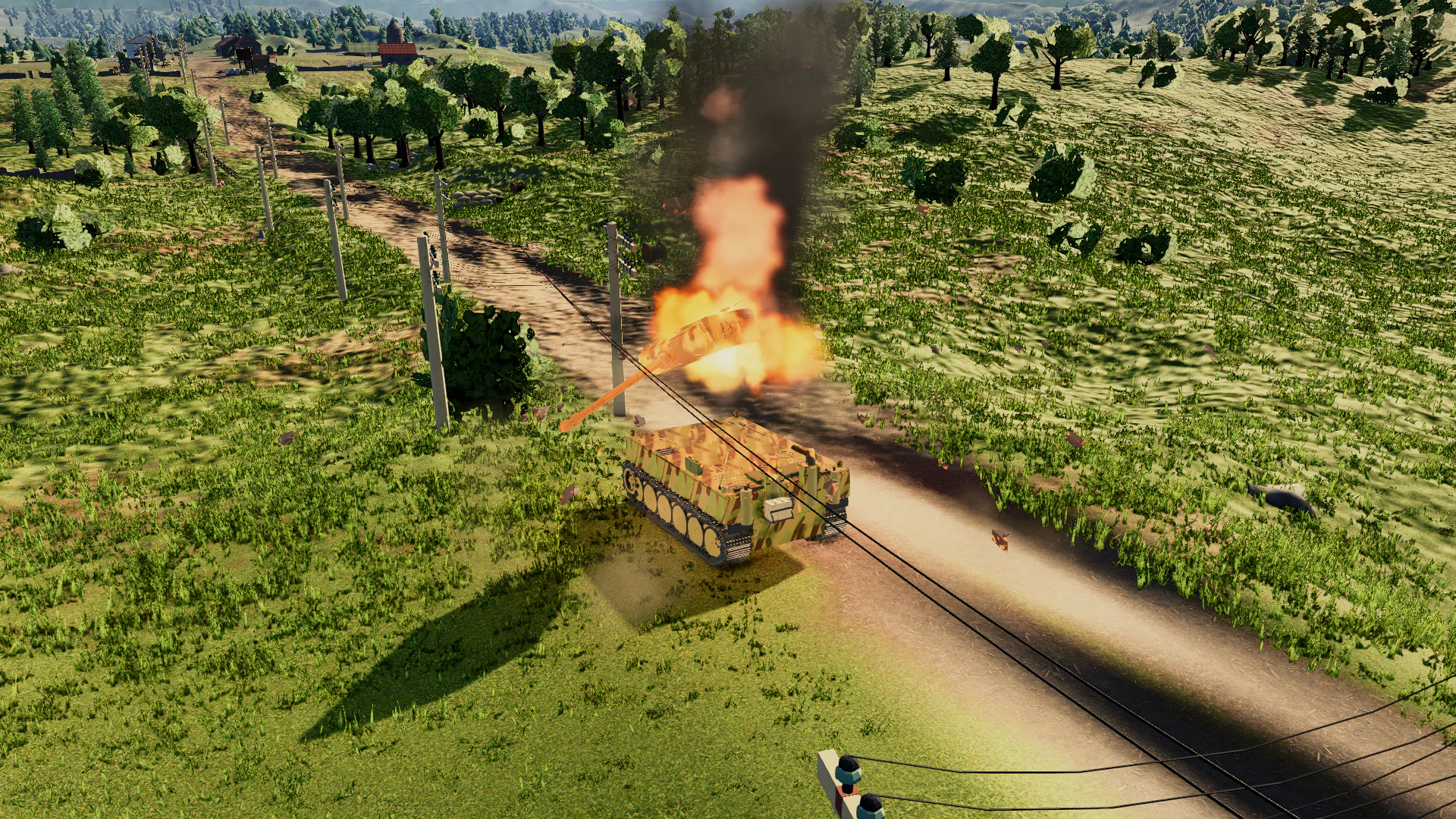 Tank destruction with fire, sparks, fragments, and smoke