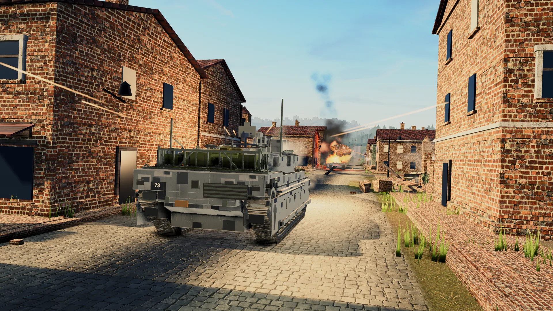 Tank filling the foreground of an urban duel