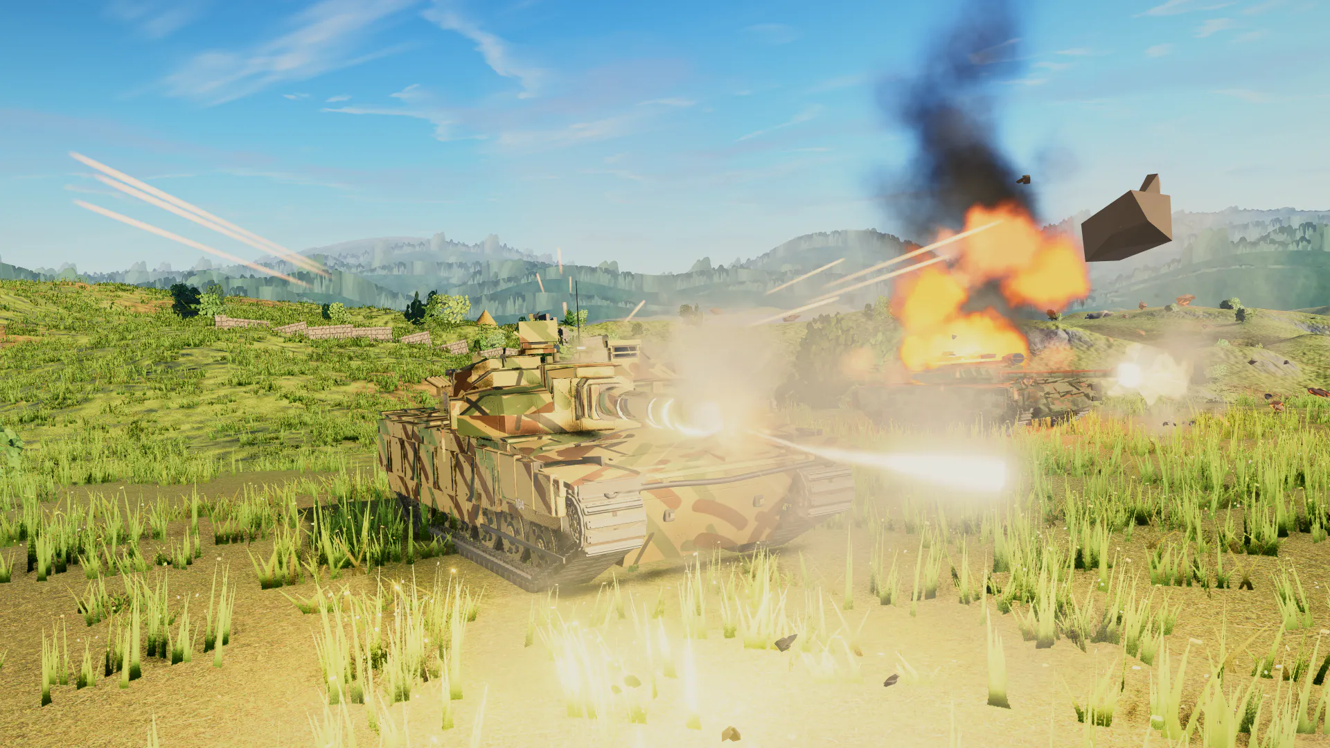 Foreground tank overlooking a ridge battle