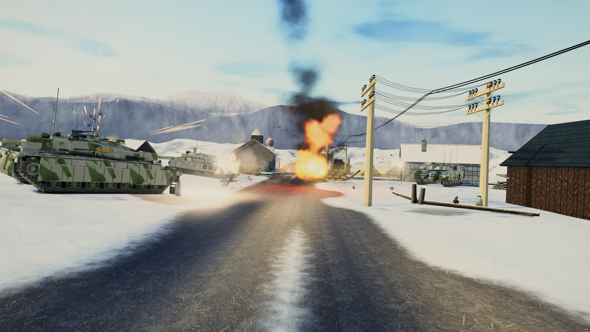 Tank battle through a winter village