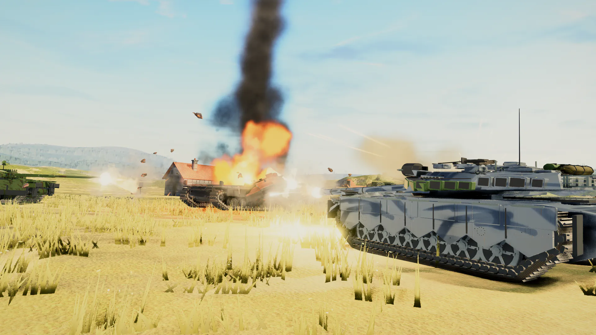 Foreground tank entering a coastal dune ambush