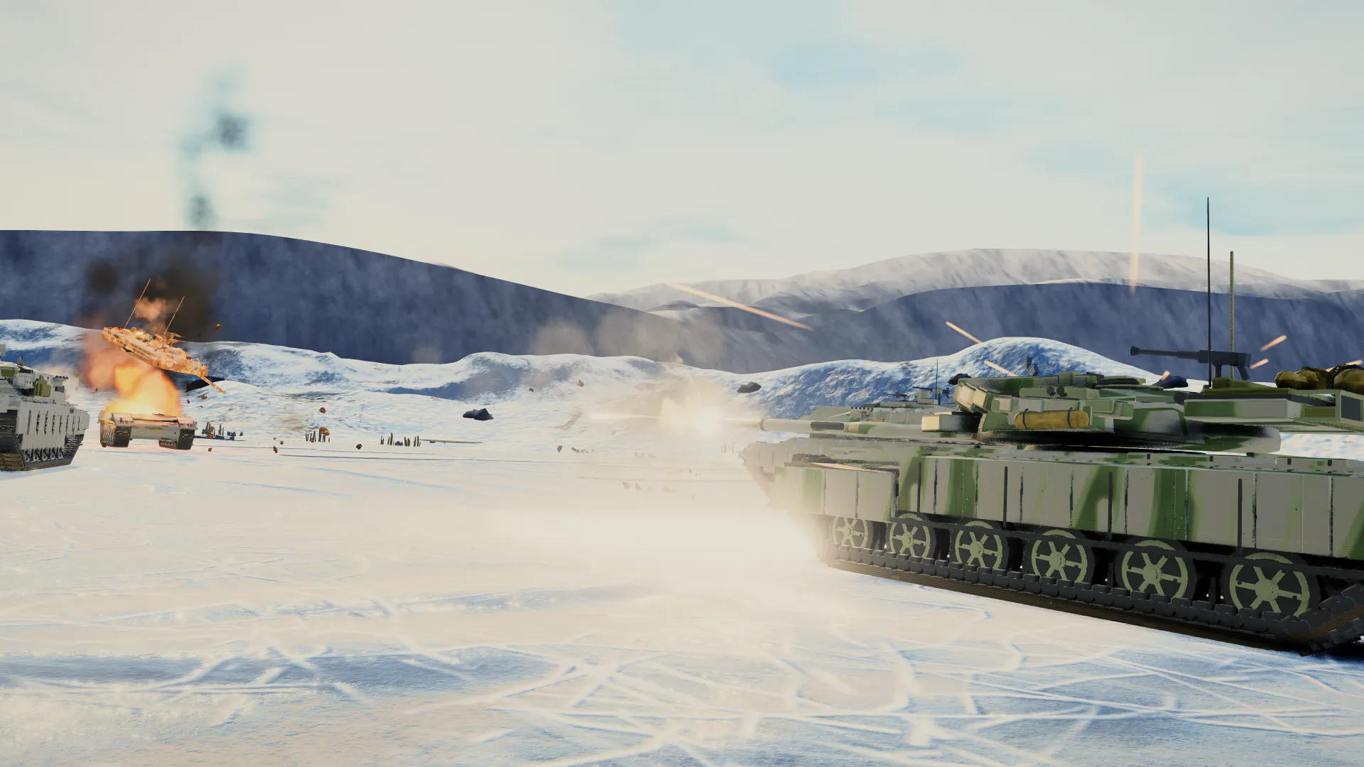 Foreground tank fighting on a winter lake