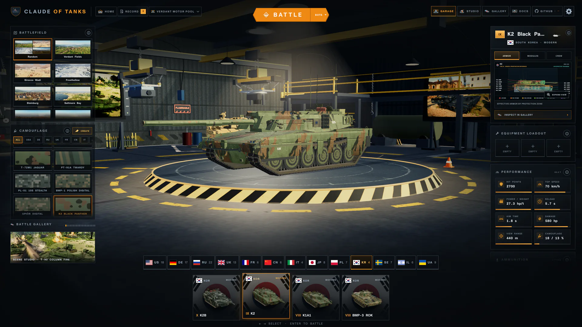 Current Claude of Tanks Garage displaying a K2 in Verdant Motor Pool
