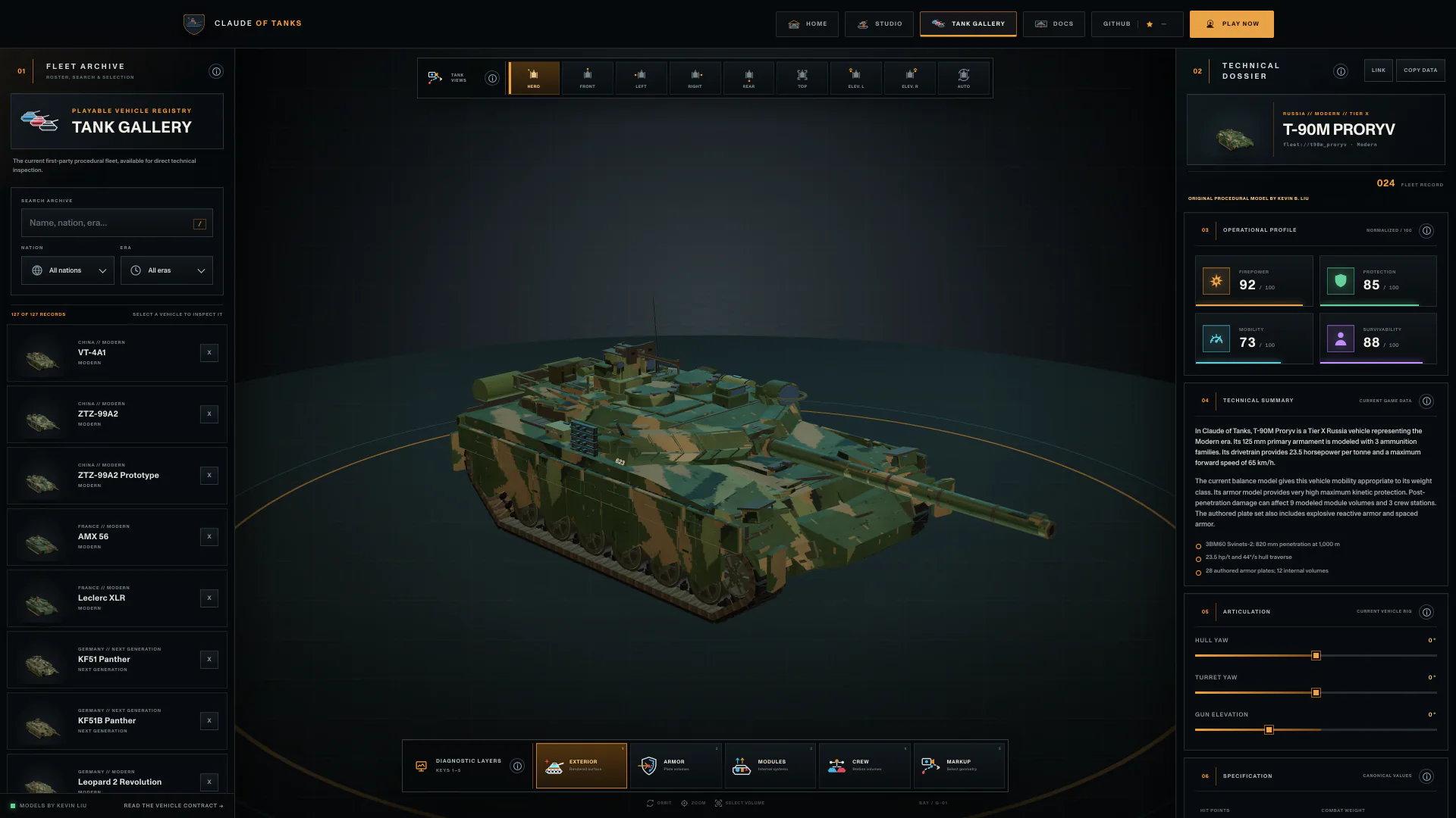 Current Tank Gallery showing a T-90M Proryv and technical dossier