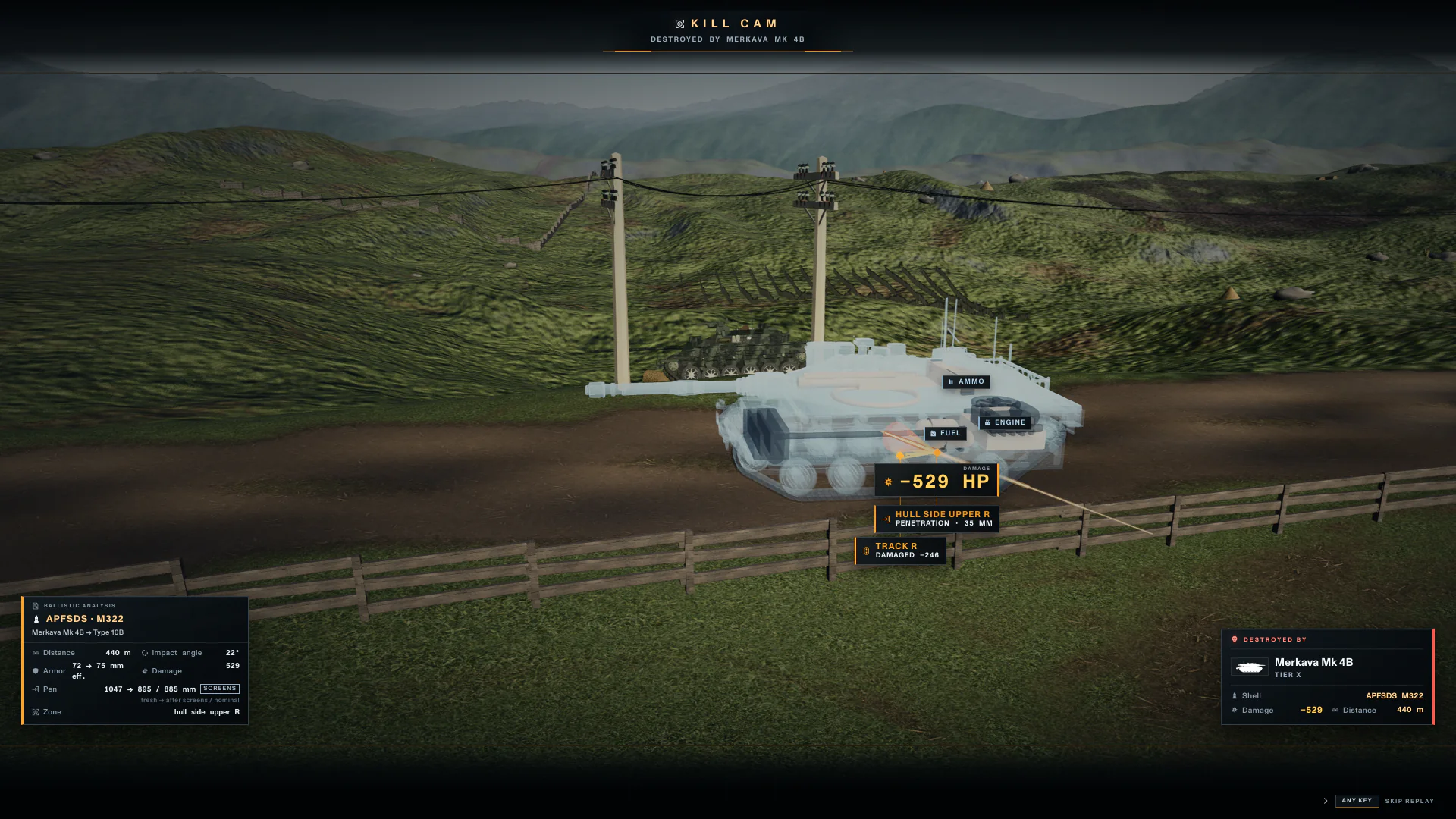 Current X-ray killcam showing the resolved shell path through armor and modules