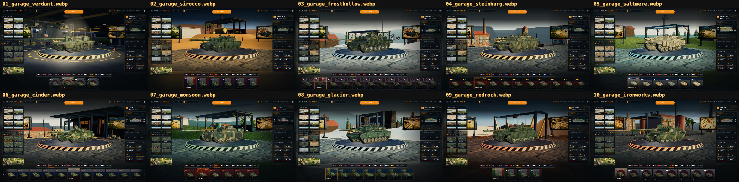 All ten Claude of Tanks Garage environments shown with a varied non-Abrams fleet and the current Garage interface