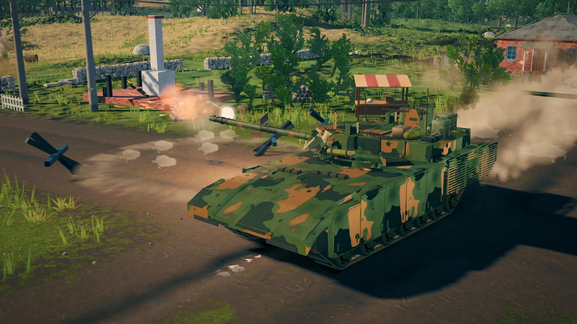 A T-14 Armata advances past the barns of Verdant Fields
