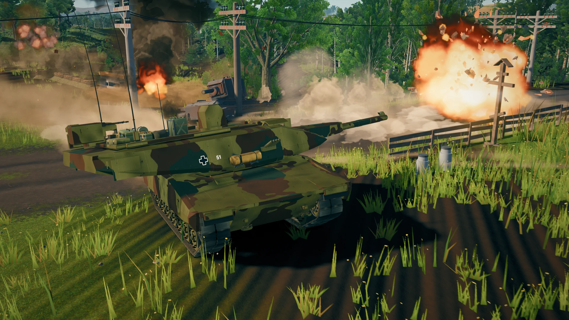 A KF51 Panther charges past the farmhouse through artillery
