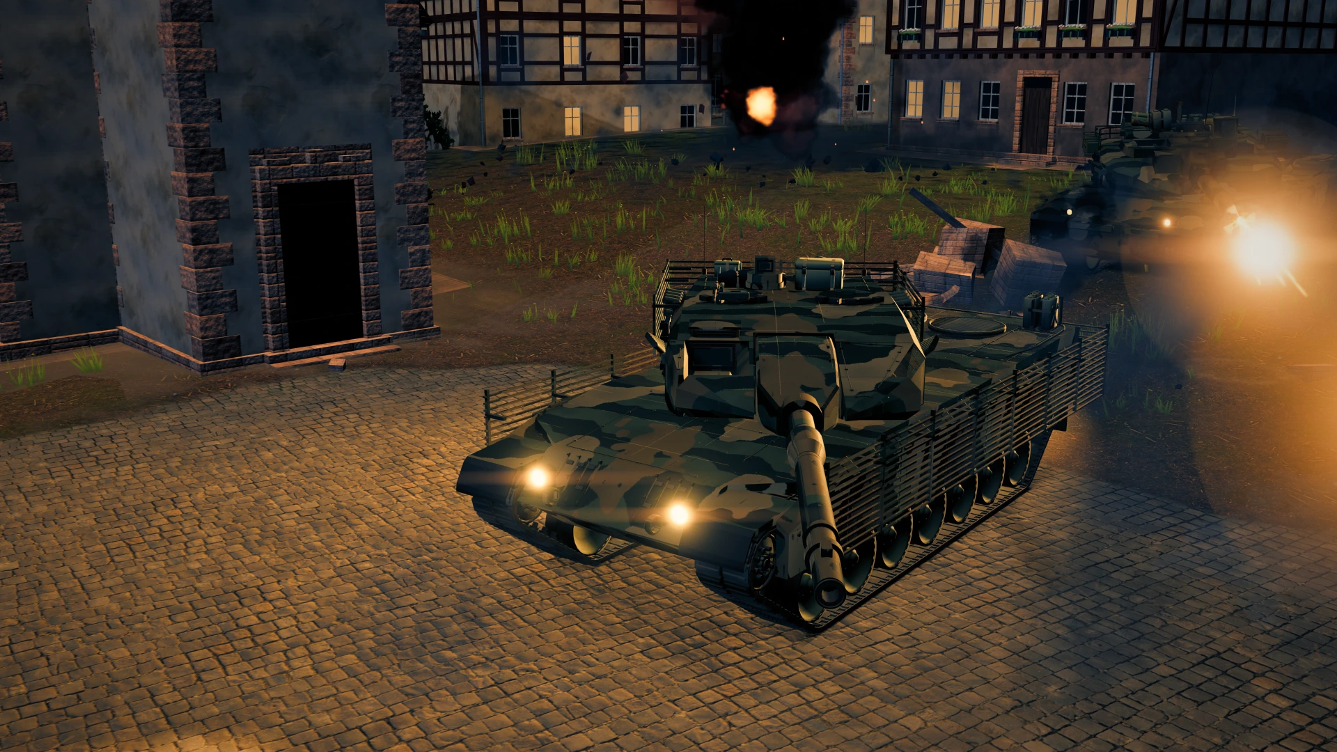 A T-90A is knocked out at the end of a Steinburg street at night