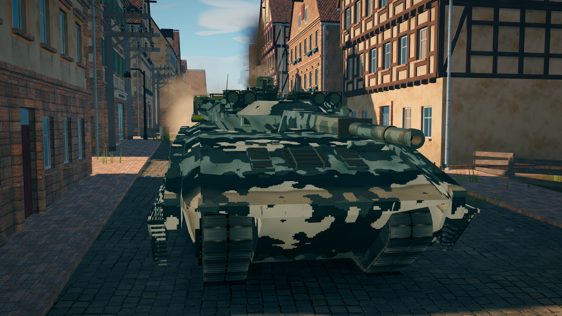 Roof tiles rain down as a PL-01 fires up the street